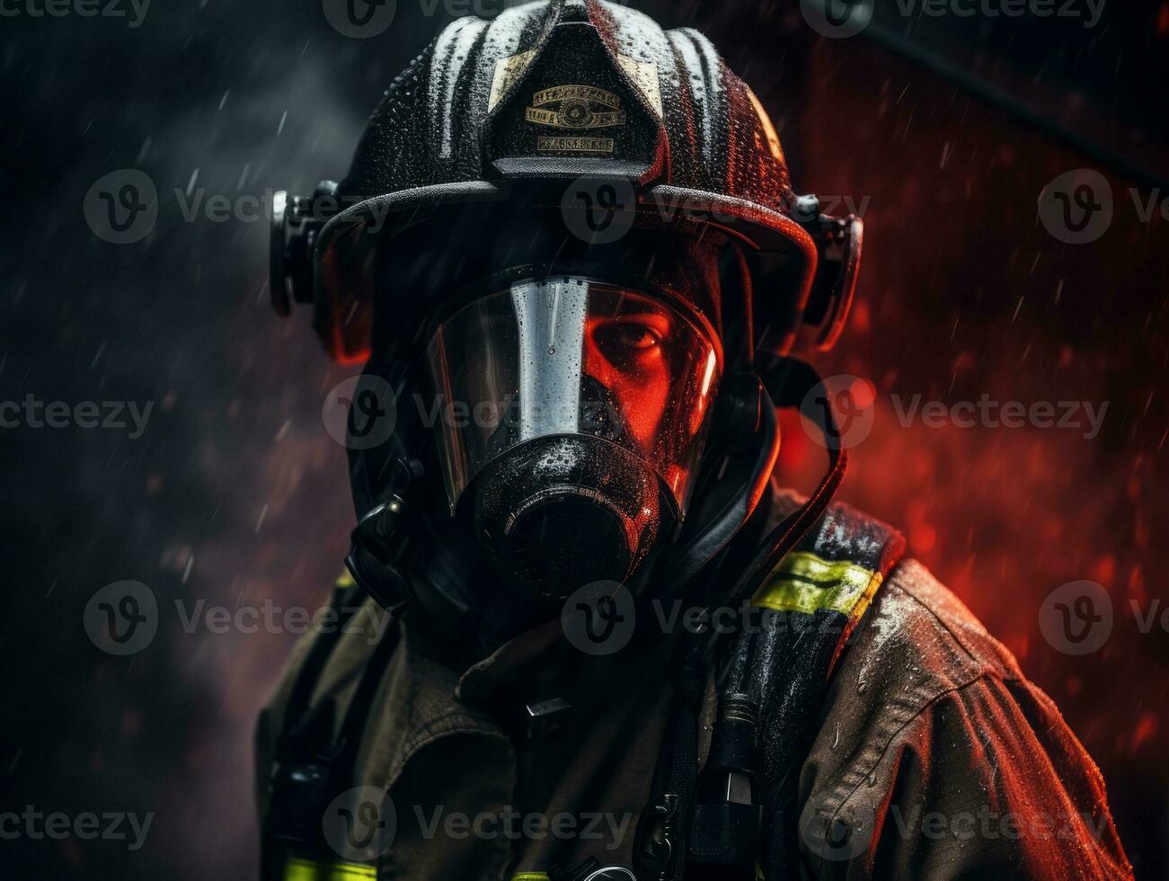 Courageous male firefighter fearlessly confronts the blazing inferno AI Generative photo