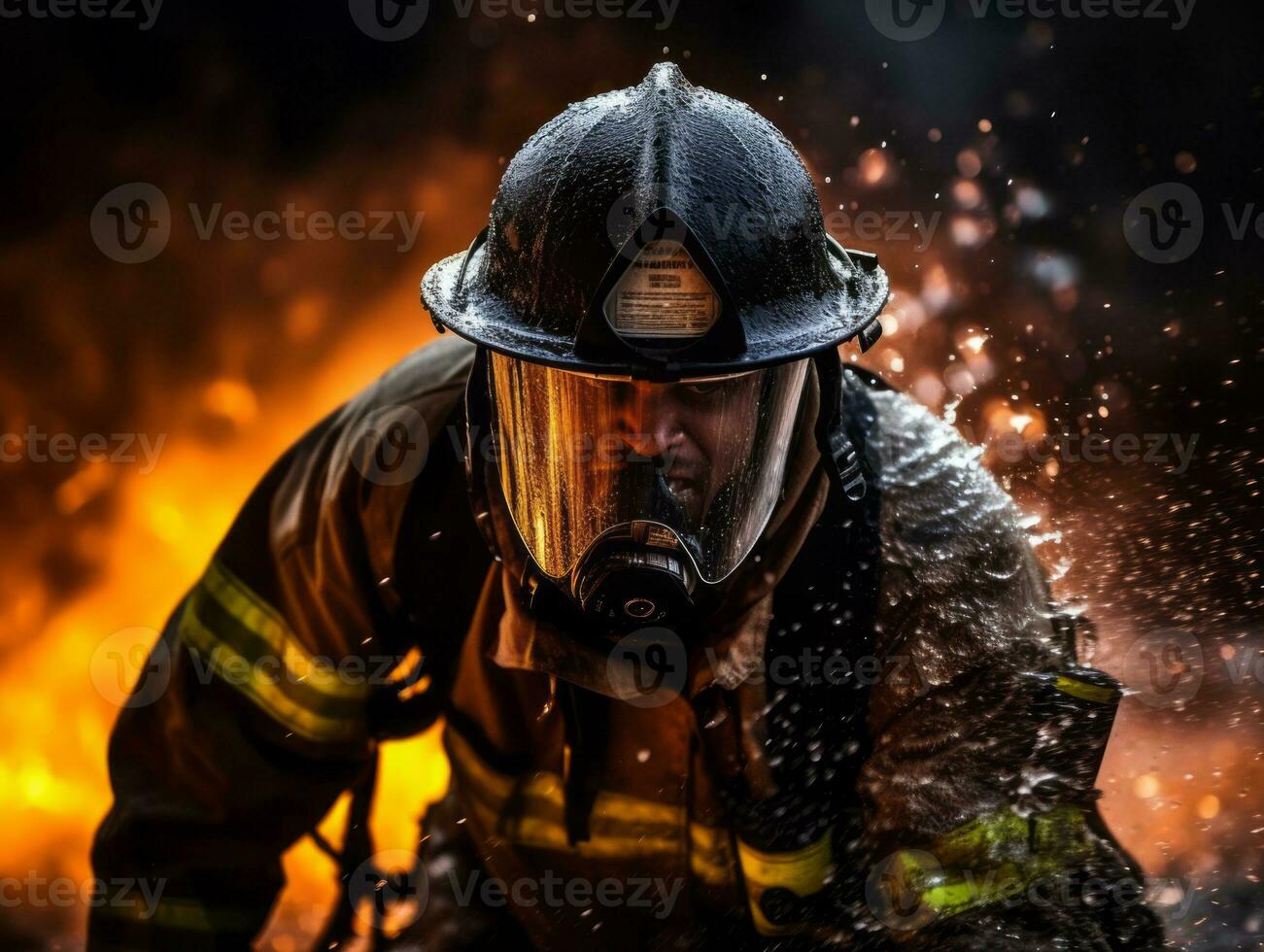 Courageous male firefighter fearlessly confronts the blazing inferno AI Generative photo