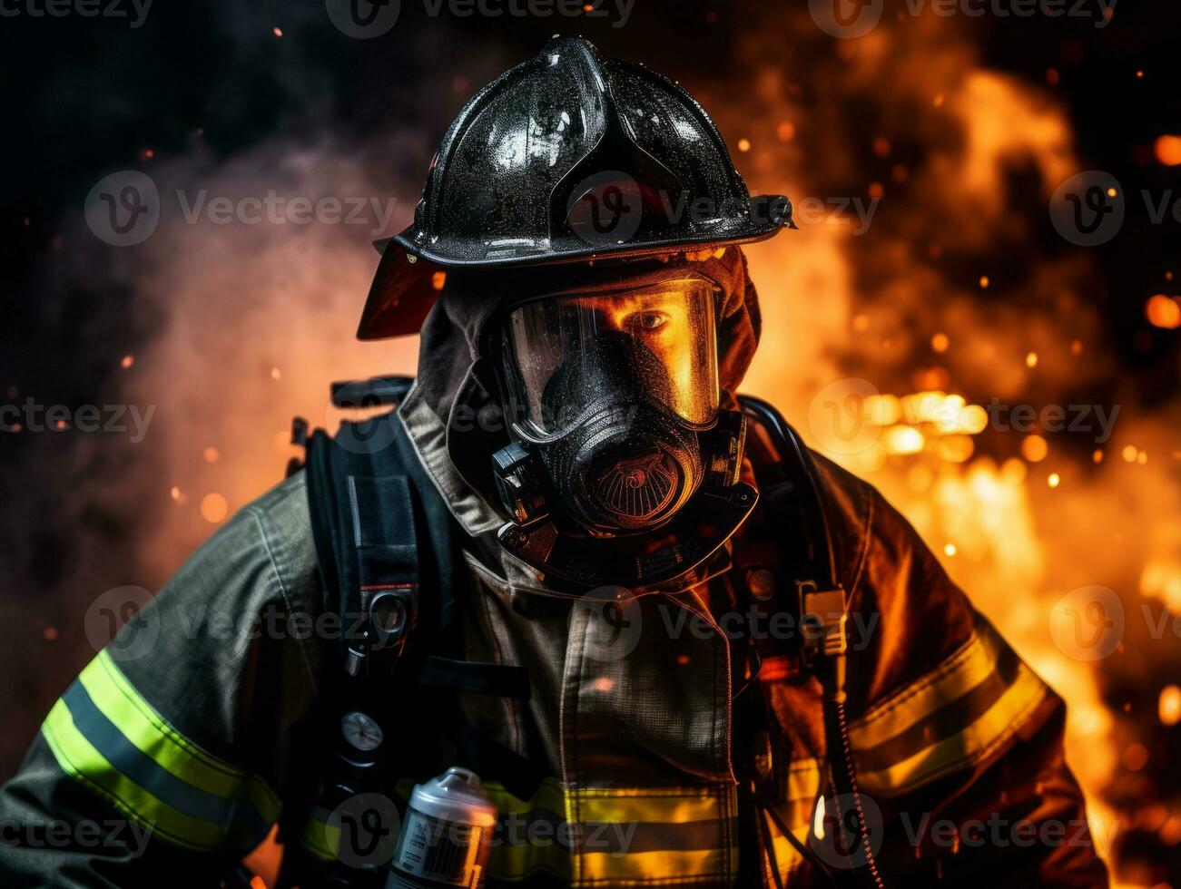 Courageous male firefighter fearlessly confronts the blazing inferno AI Generative photo