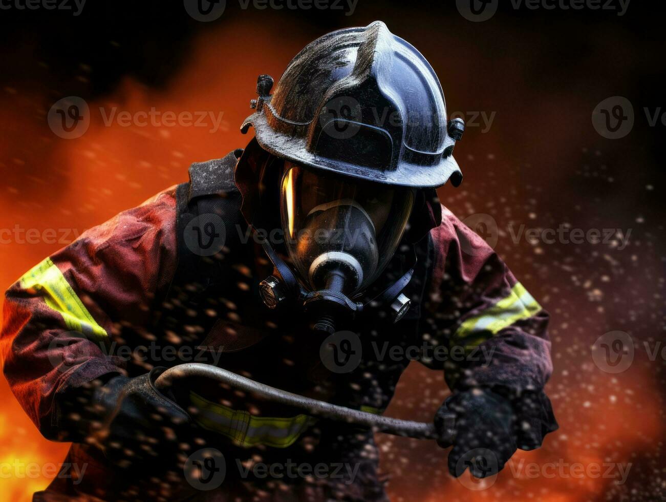 Courageous male firefighter fearlessly confronts the blazing inferno AI Generative photo