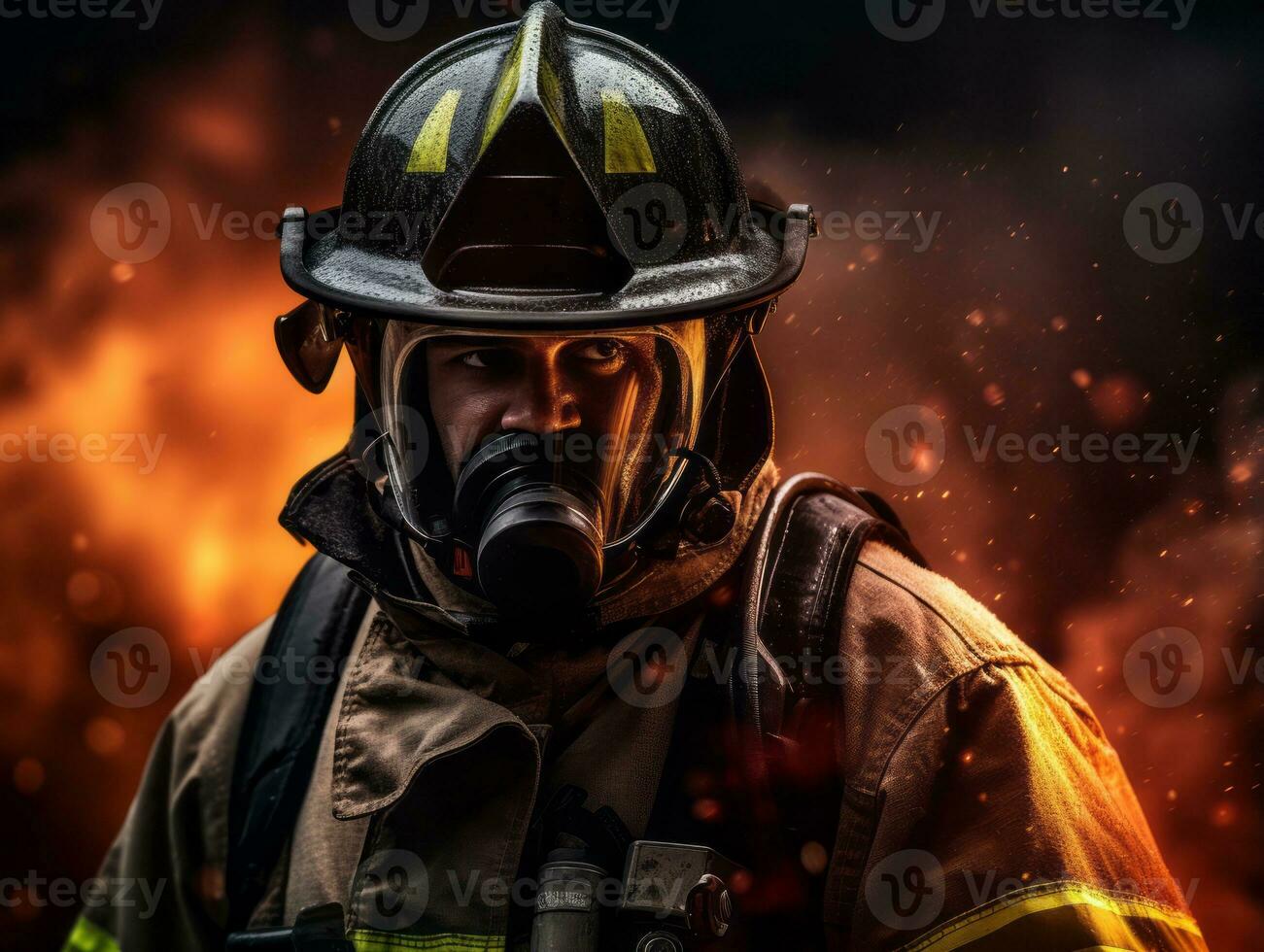 Courageous male firefighter fearlessly confronts the blazing inferno AI Generative photo