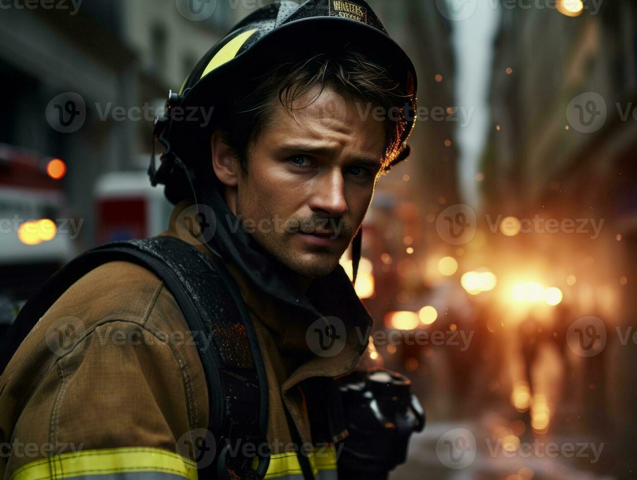 Courageous male firefighter fearlessly confronts the blazing inferno AI Generative photo
