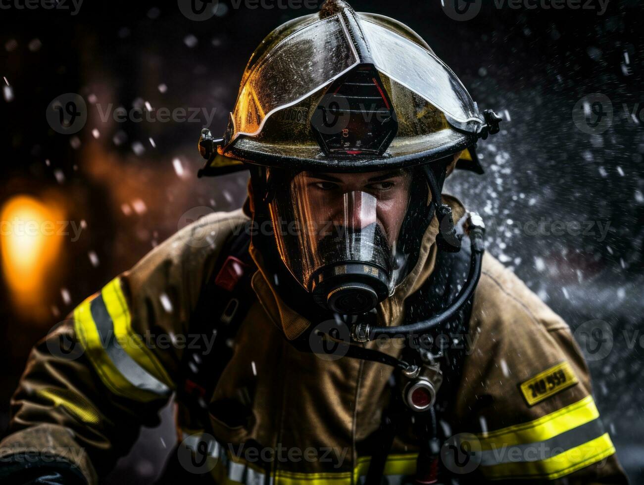 Courageous male firefighter fearlessly confronts the blazing inferno AI Generative photo