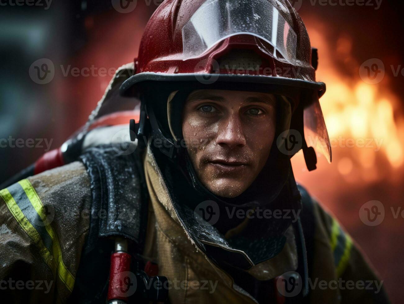 Courageous male firefighter fearlessly confronts the blazing inferno AI Generative photo