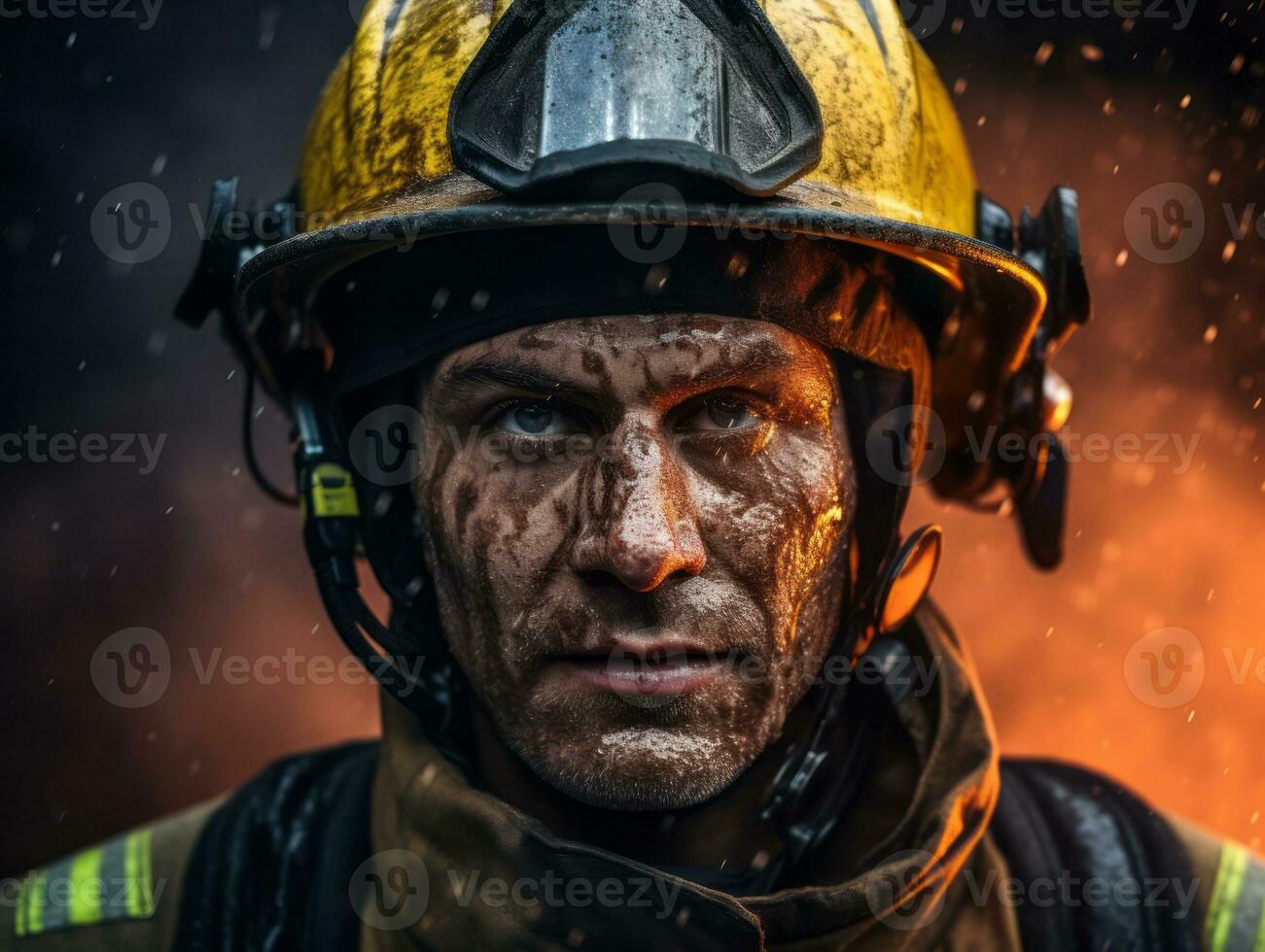 Courageous male firefighter fearlessly confronts the blazing inferno AI Generative photo