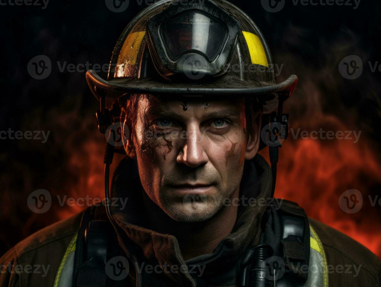 Courageous male firefighter fearlessly confronts the blazing inferno AI Generative photo