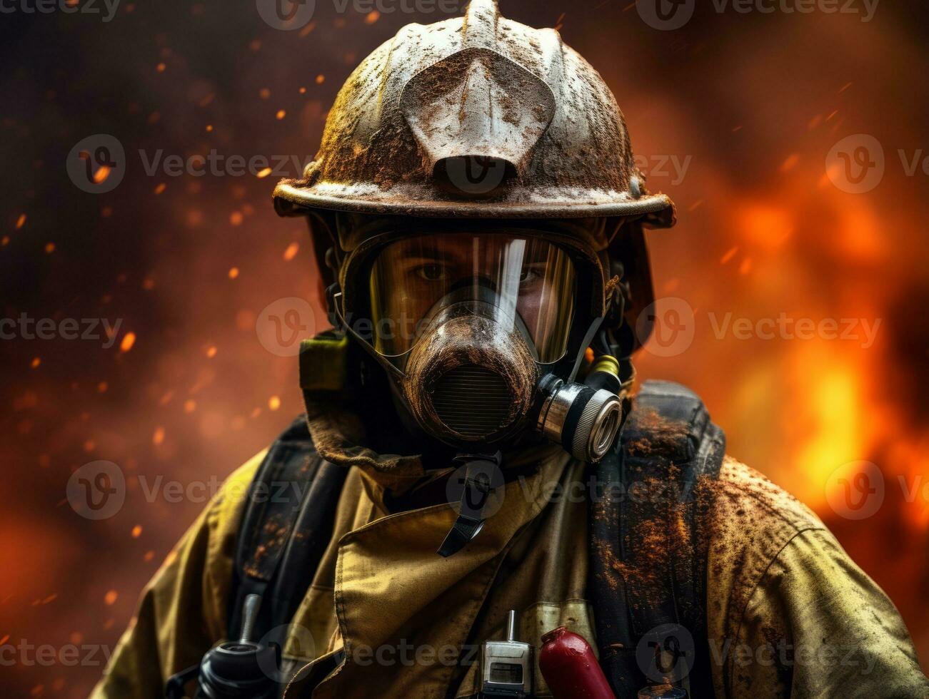 Courageous male firefighter fearlessly confronts the blazing inferno AI Generative photo