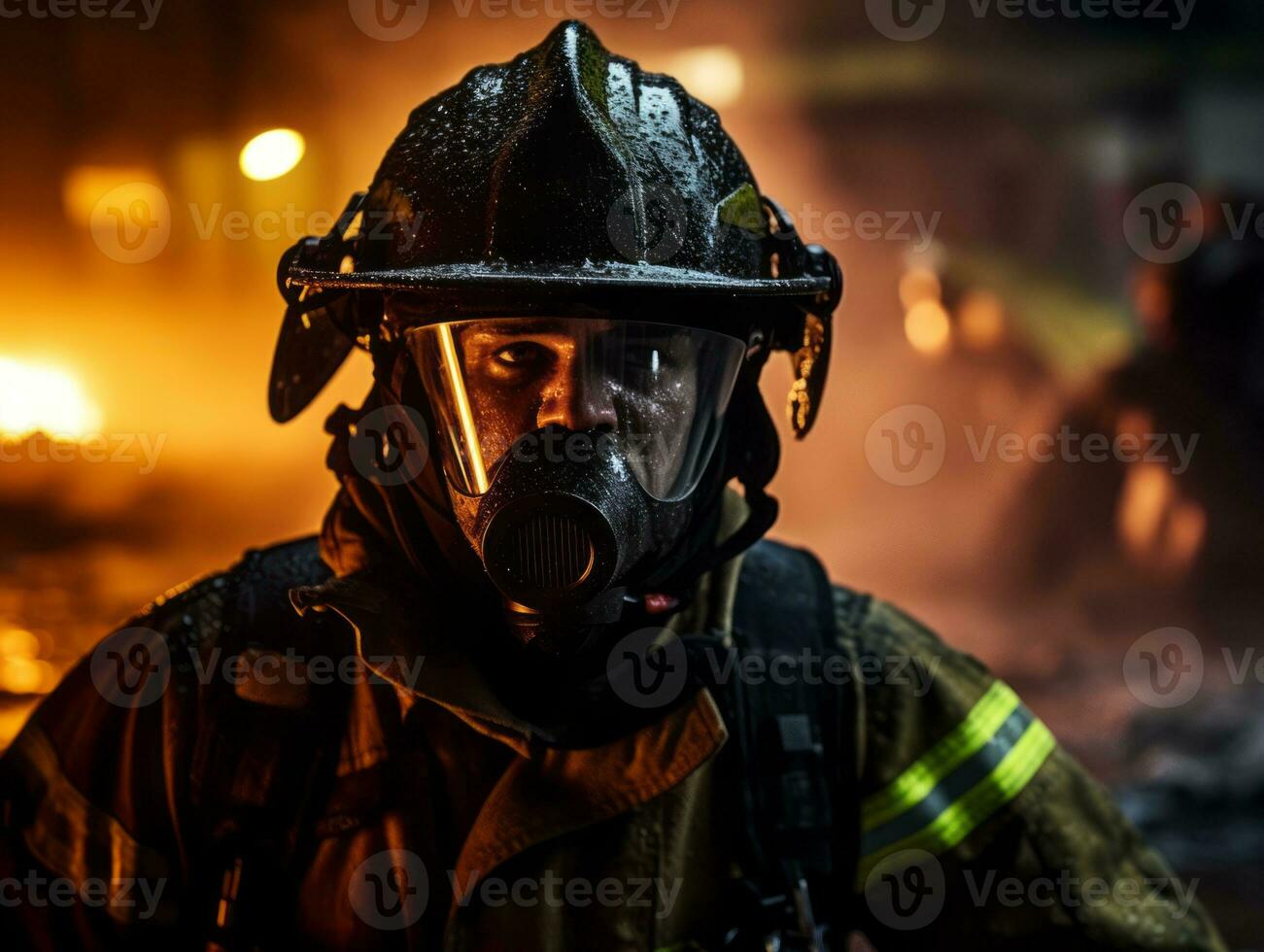 Courageous male firefighter fearlessly confronts the blazing inferno AI Generative photo