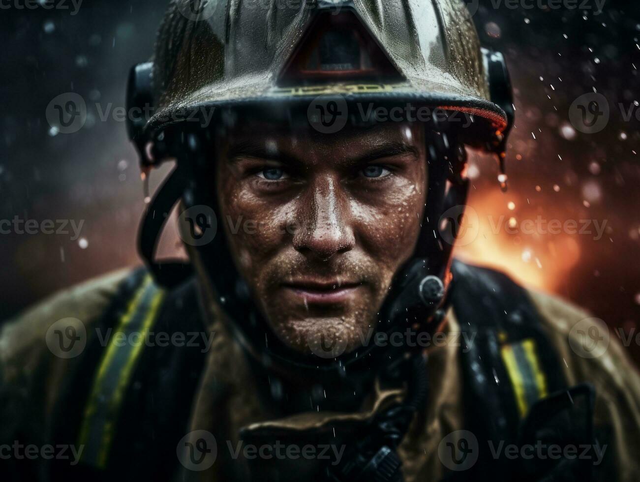 Courageous male firefighter fearlessly confronts the blazing inferno AI Generative photo