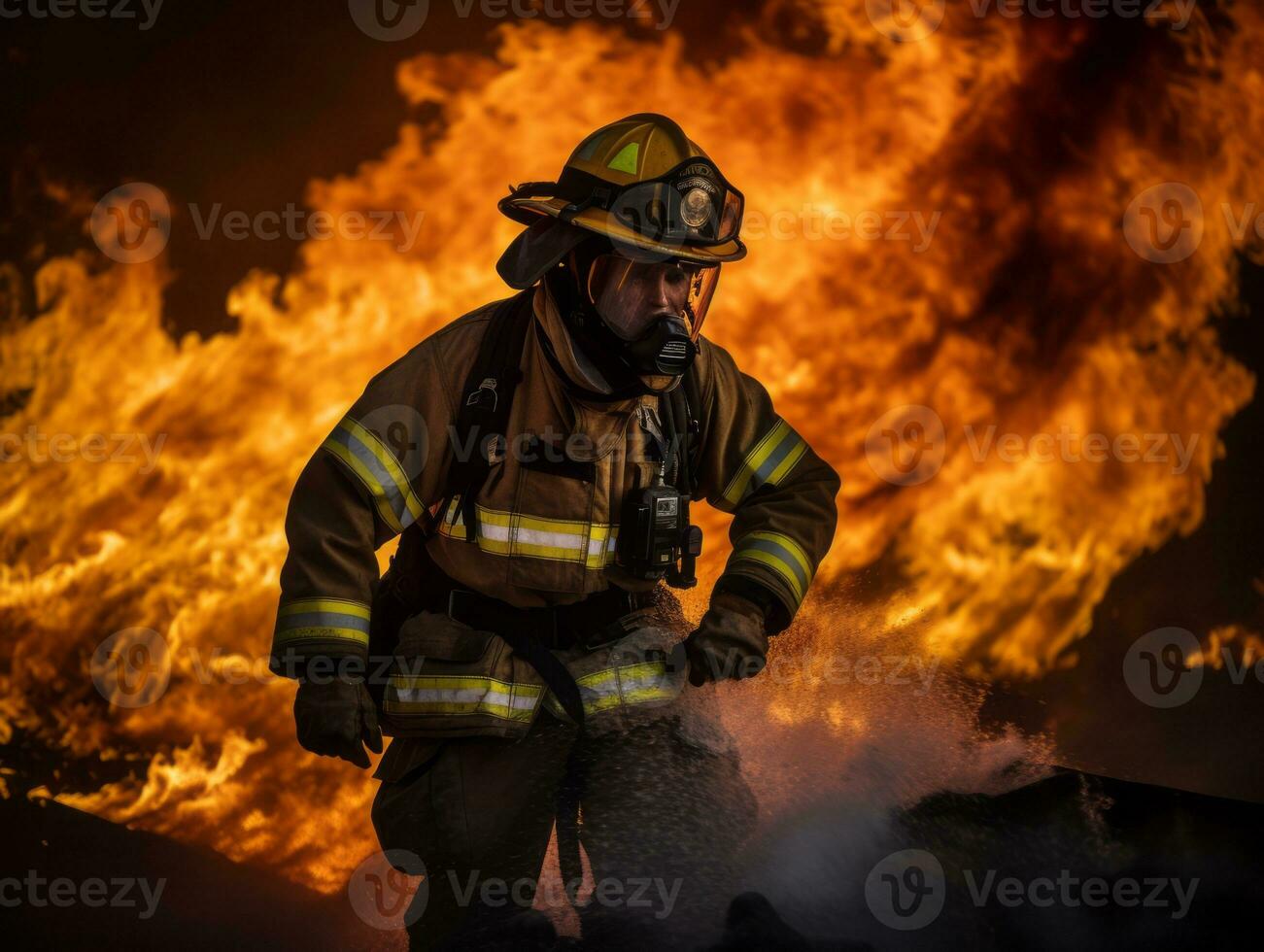 Courageous male firefighter fearlessly confronts the blazing inferno AI Generative photo