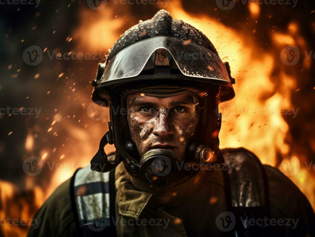 Courageous male firefighter fearlessly confronts the blazing inferno AI Generative photo