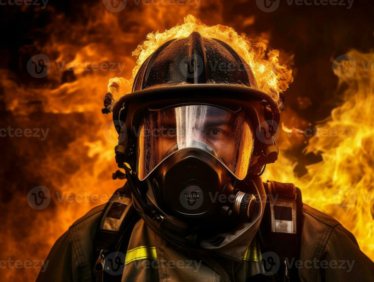 Courageous male firefighter fearlessly confronts the blazing inferno AI Generative photo