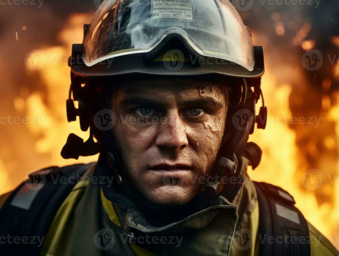 Courageous male firefighter fearlessly confronts the blazing inferno AI Generative photo