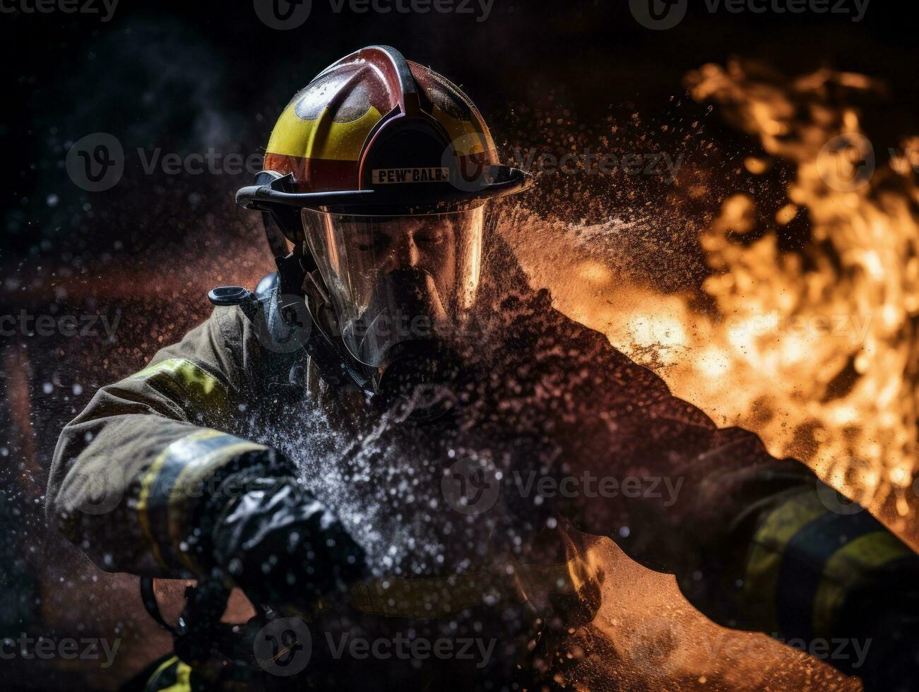 Courageous male firefighter fearlessly confronts the blazing inferno AI Generative photo