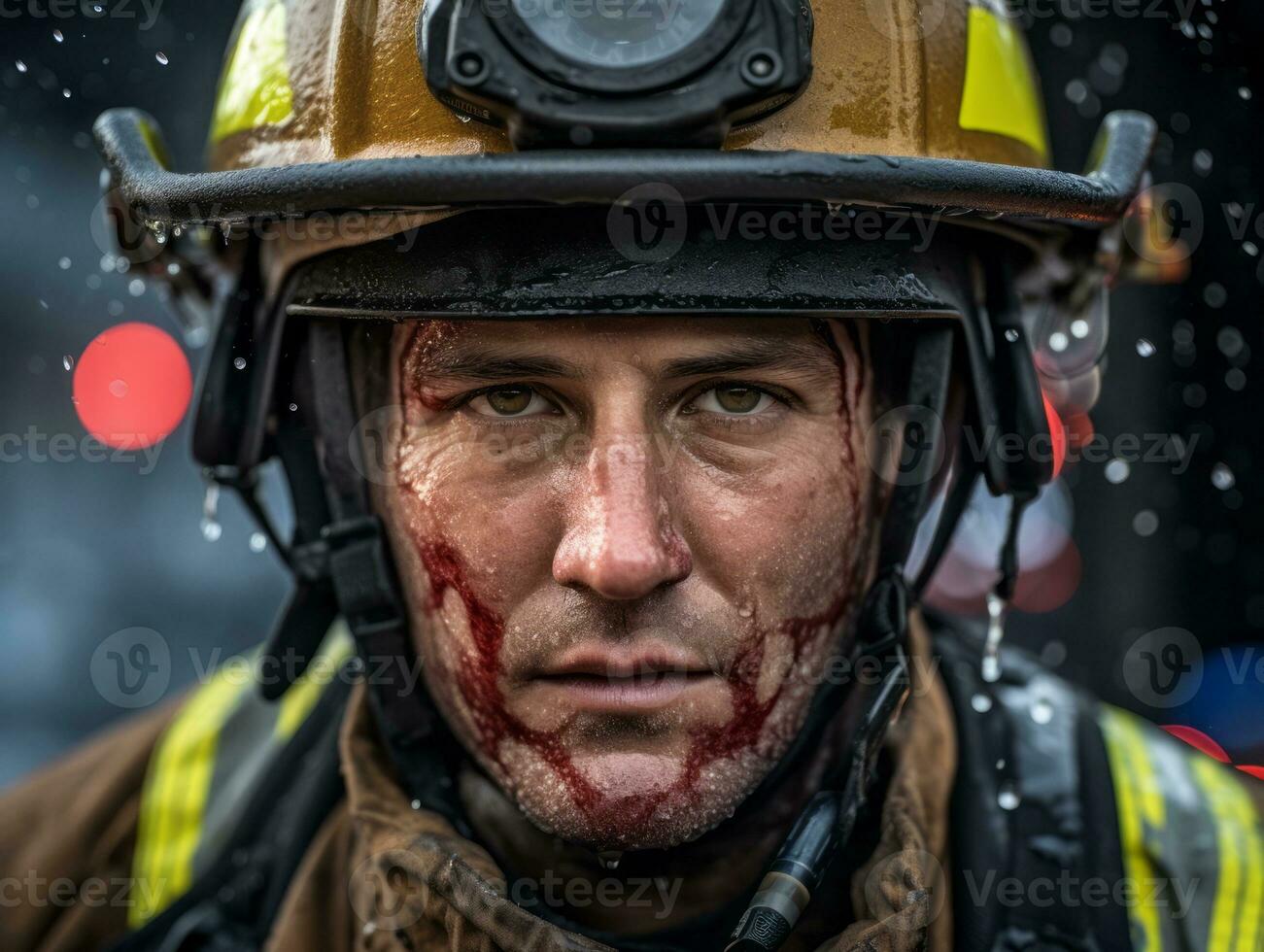 Courageous male firefighter fearlessly confronts the blazing inferno AI Generative photo