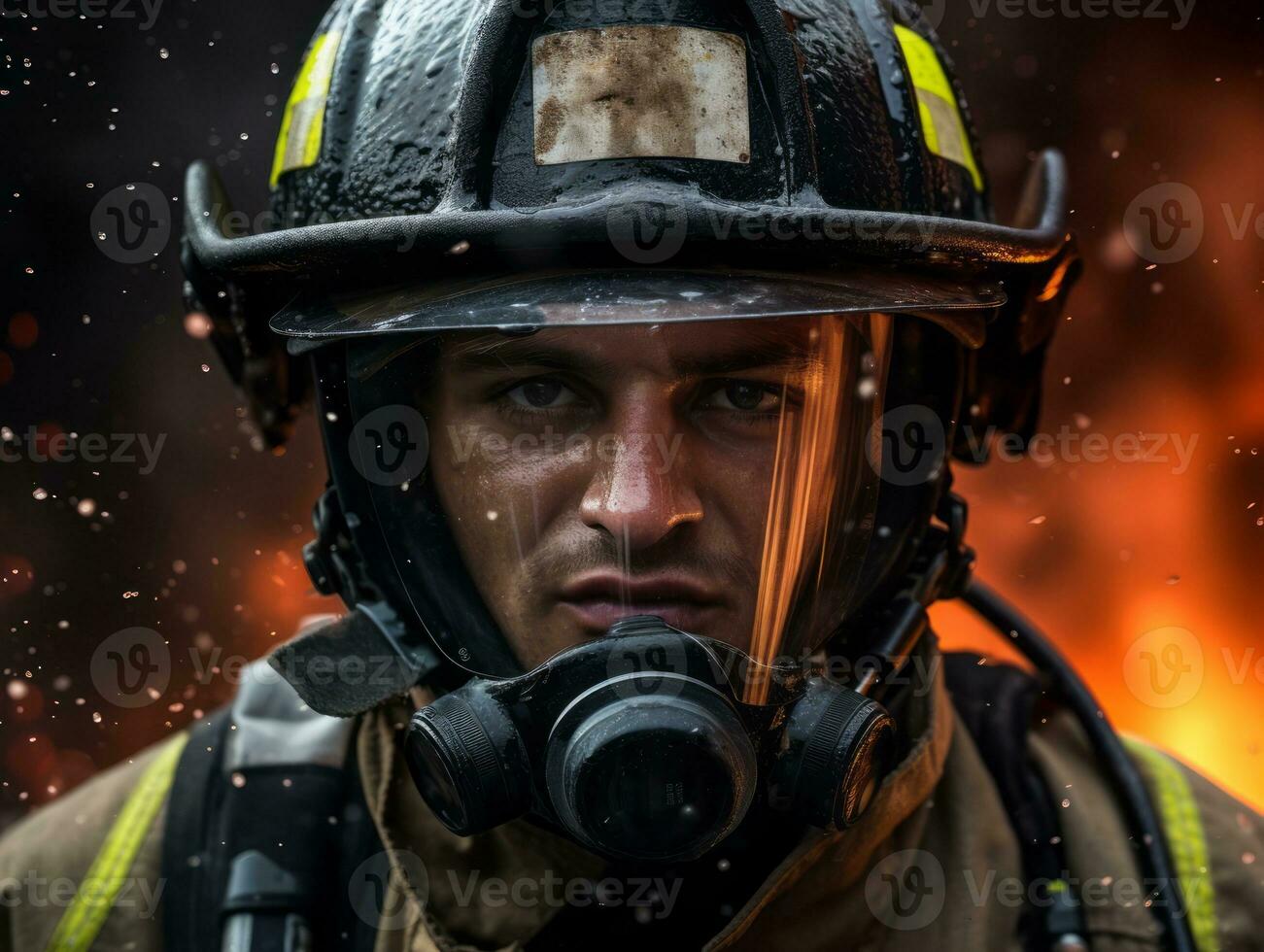 valiente masculino bombero sin miedo confronta el flameante infierno ai generativo foto