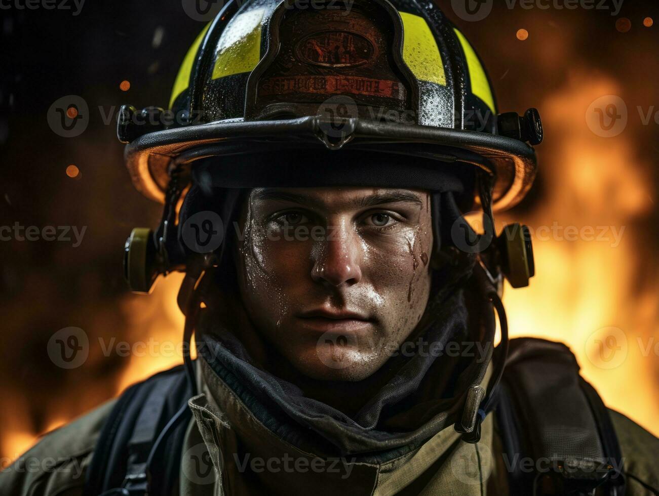 Courageous male firefighter fearlessly confronts the blazing inferno AI Generative photo