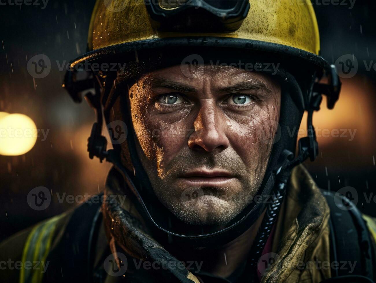 Courageous male firefighter fearlessly confronts the blazing inferno AI Generative photo