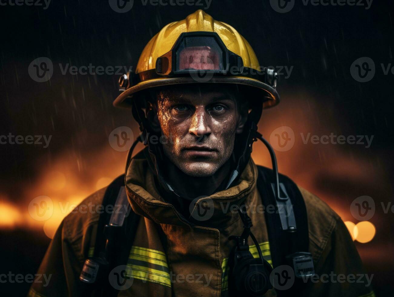 Courageous male firefighter fearlessly confronts the blazing inferno AI Generative photo