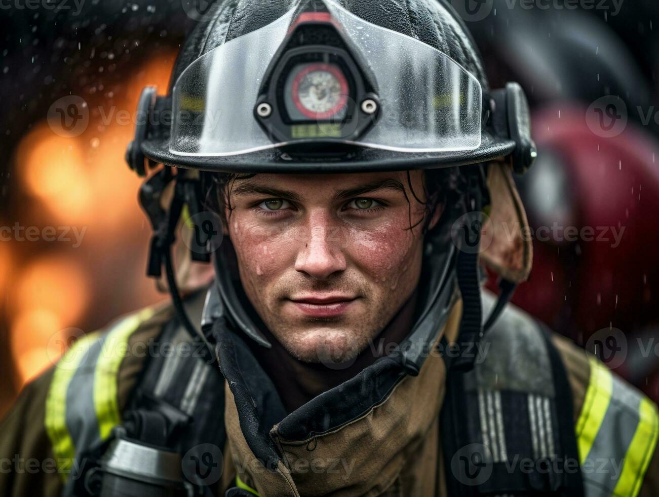 Courageous male firefighter fearlessly confronts the blazing inferno AI Generative photo