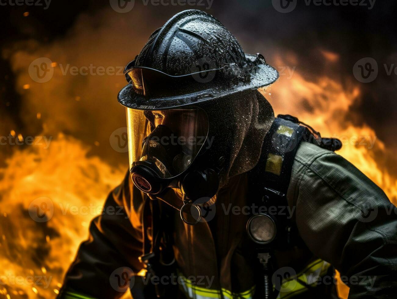Courageous male firefighter fearlessly confronts the blazing inferno AI Generative photo