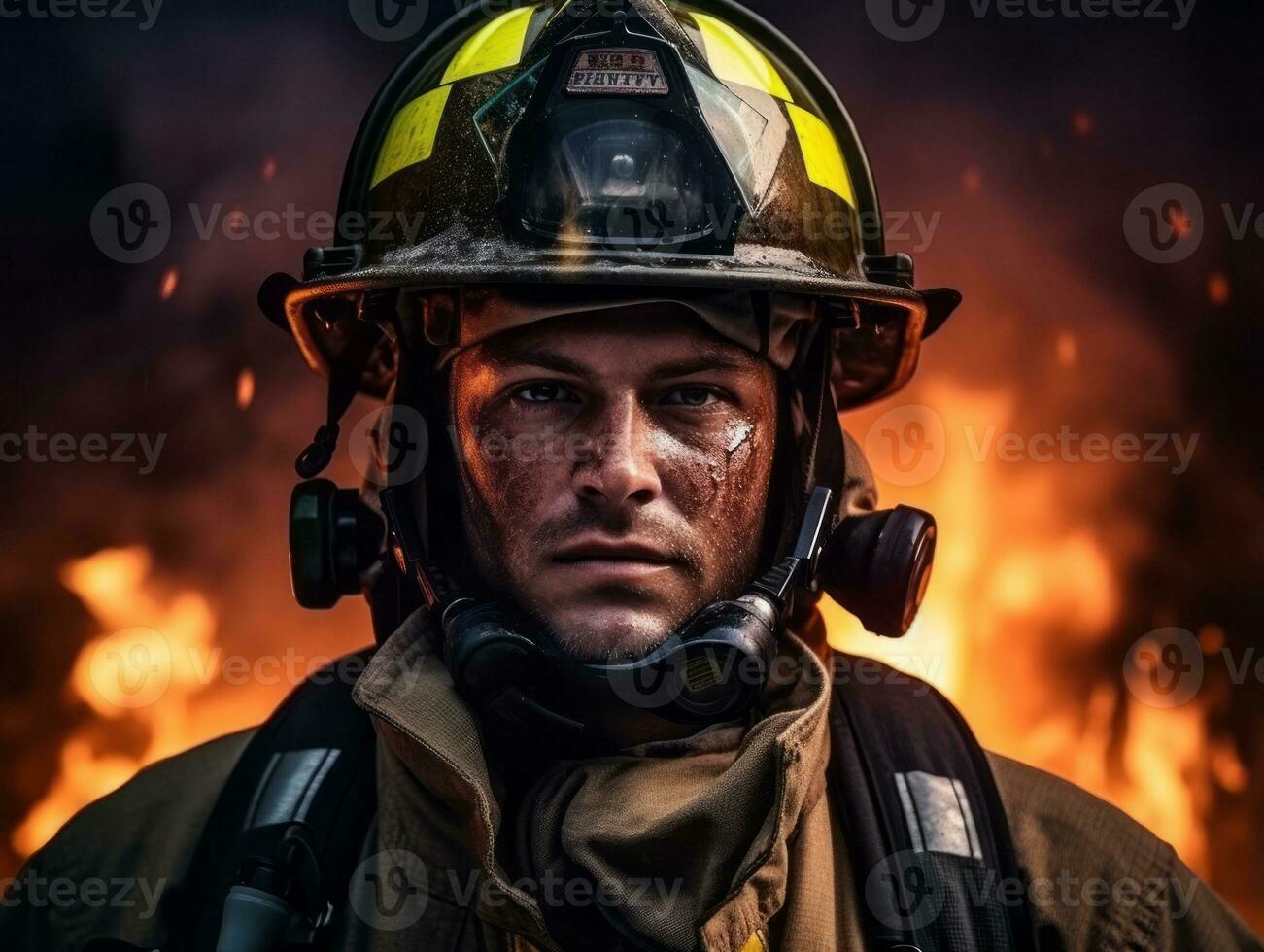 Courageous male firefighter fearlessly confronts the blazing inferno AI Generative photo