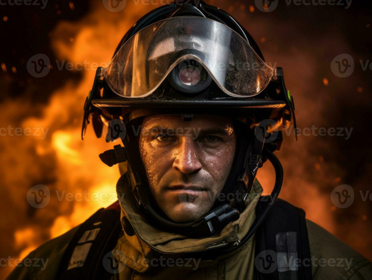 Courageous male firefighter fearlessly confronts the blazing inferno AI Generative photo