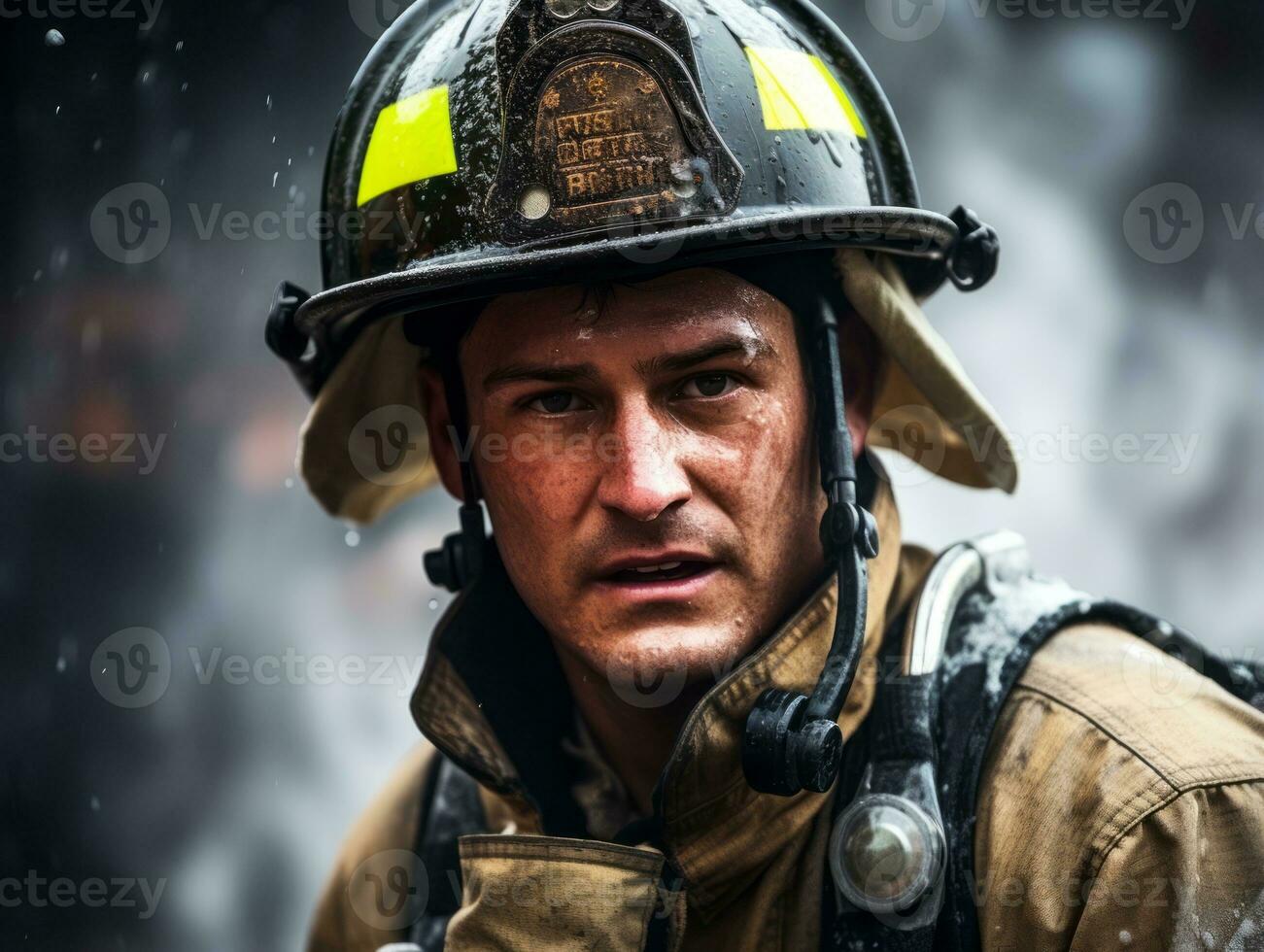 Courageous male firefighter fearlessly confronts the blazing inferno AI Generative photo