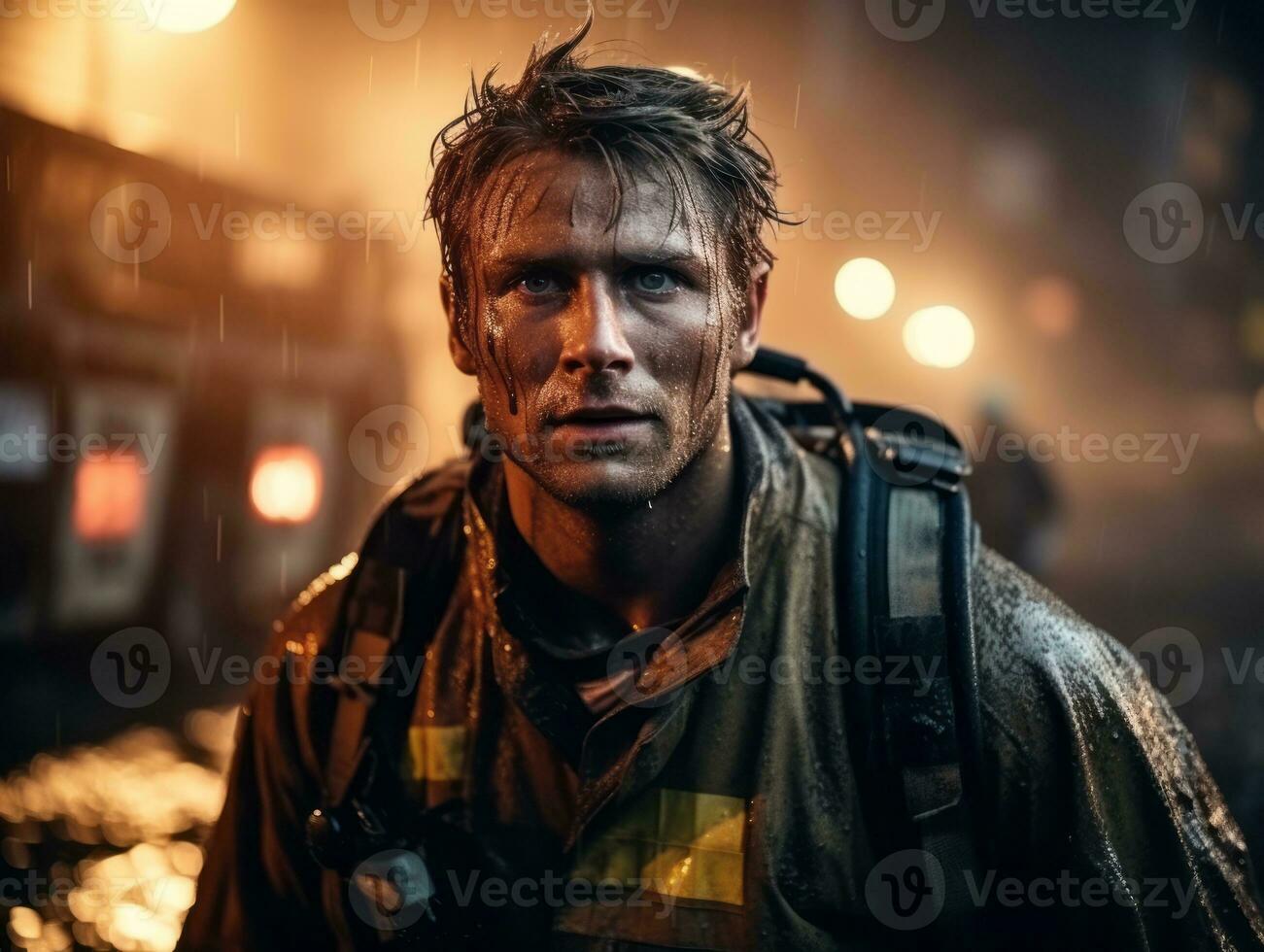 Courageous male firefighter fearlessly confronts the blazing inferno AI Generative photo