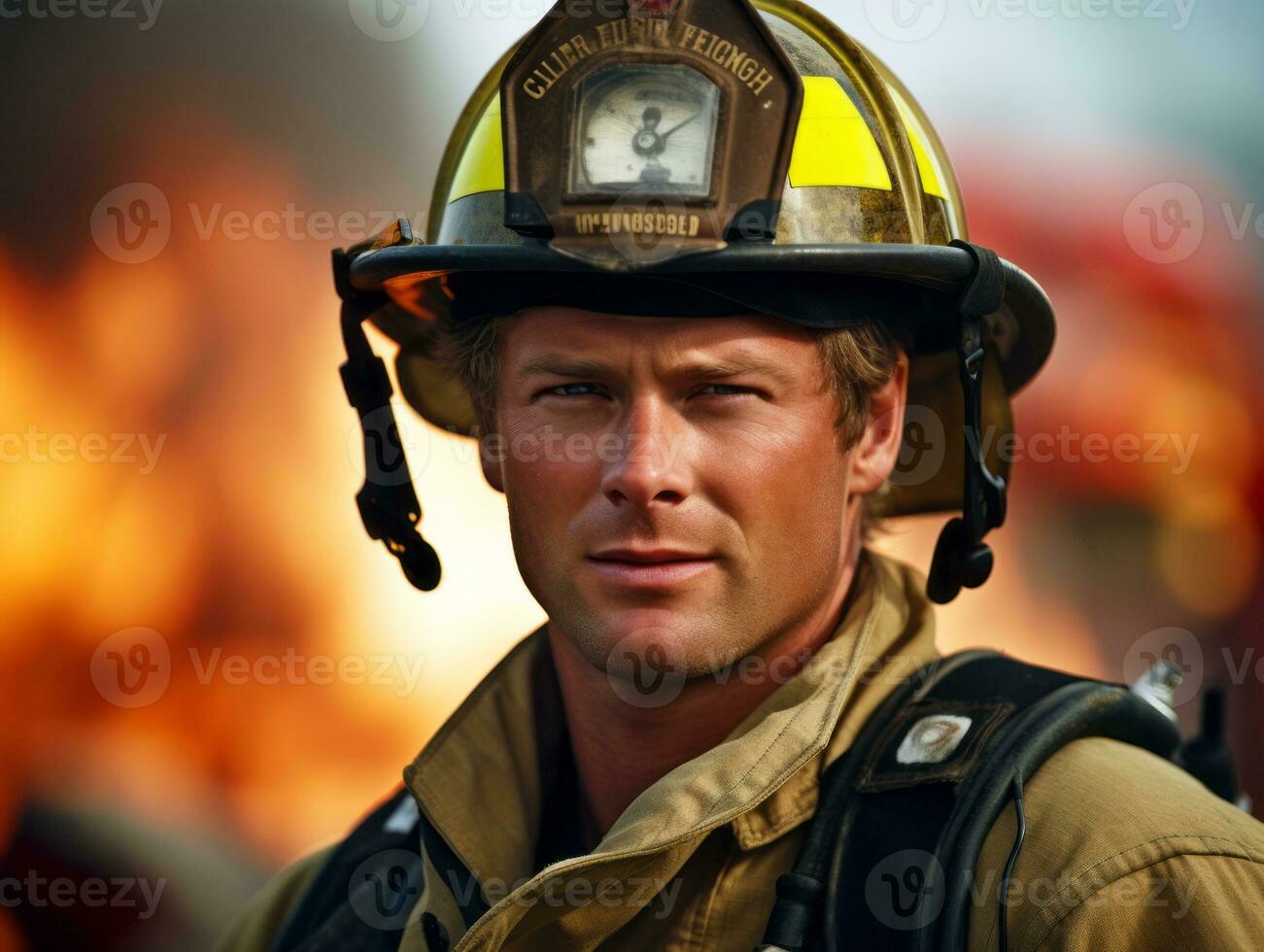 Courageous male firefighter fearlessly confronts the blazing inferno AI Generative photo