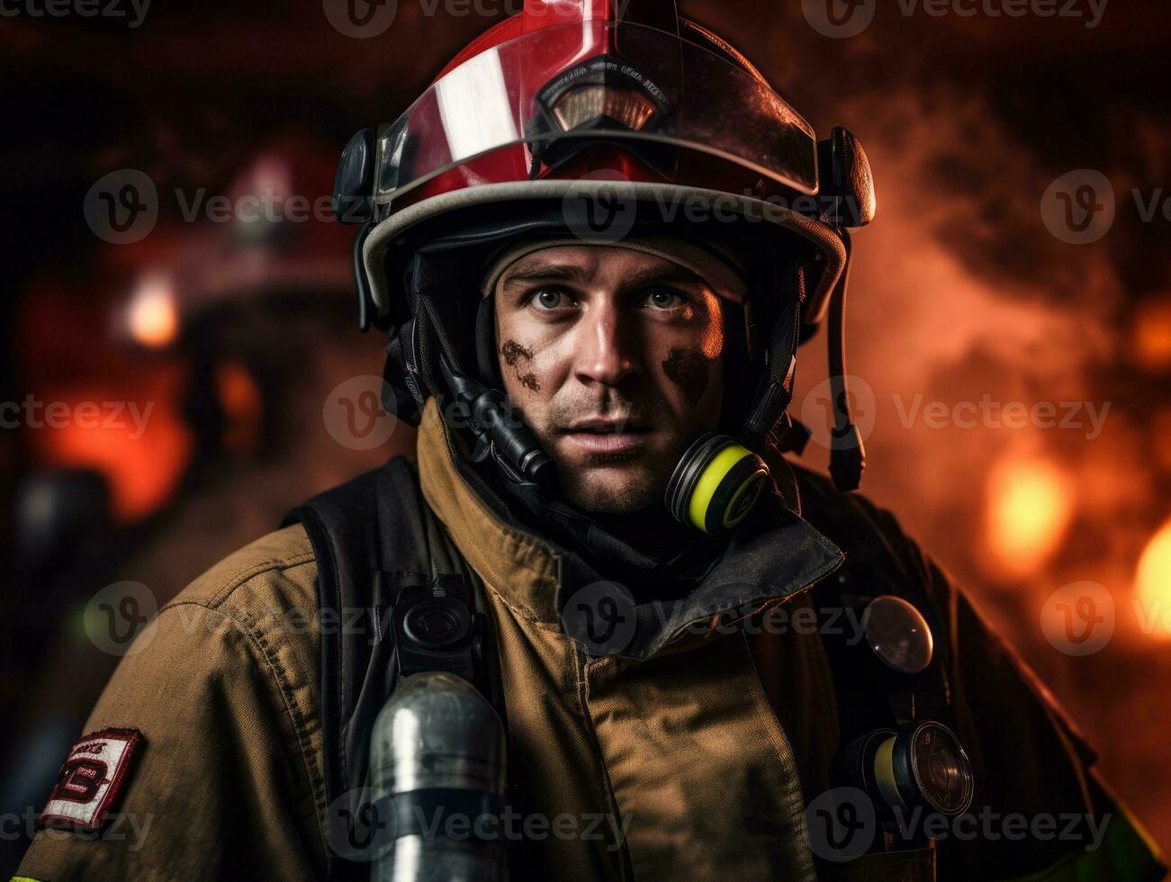 Courageous male firefighter fearlessly confronts the blazing inferno AI Generative photo