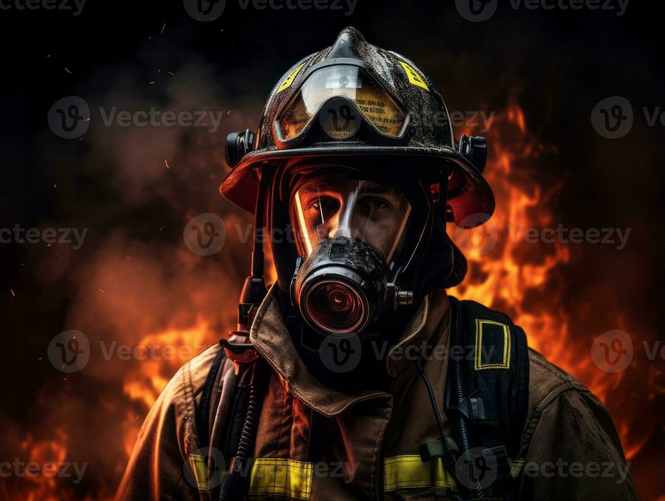 Courageous male firefighter fearlessly confronts the blazing inferno AI Generative photo