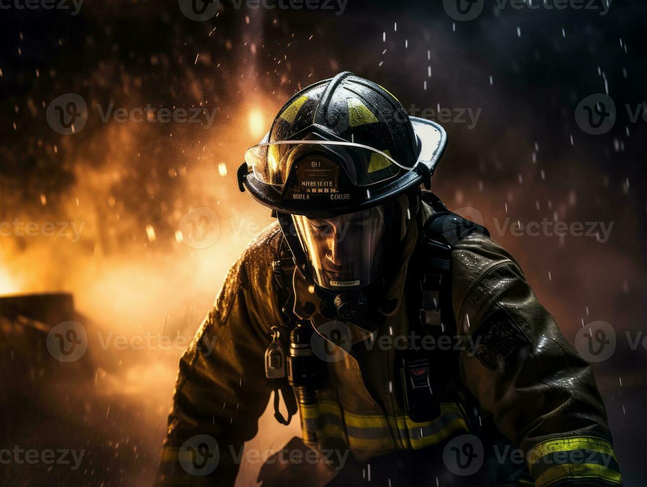 Courageous male firefighter fearlessly confronts the blazing inferno AI Generative photo