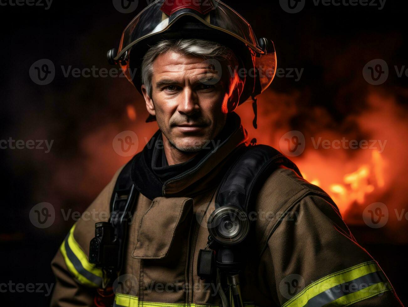 valiente masculino bombero sin miedo confronta el flameante infierno ai generativo foto