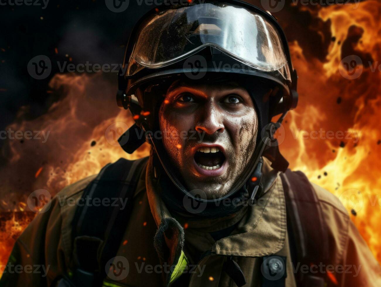 Courageous male firefighter fearlessly confronts the blazing inferno AI Generative photo