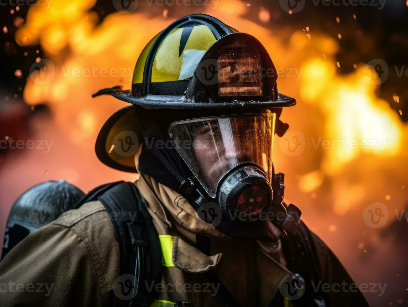 Courageous male firefighter fearlessly confronts the blazing inferno AI Generative photo