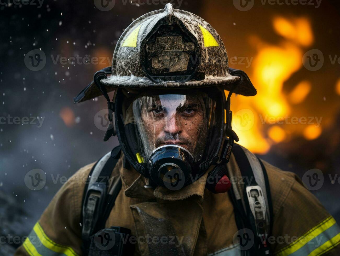 valiente masculino bombero sin miedo confronta el flameante infierno ai generativo foto