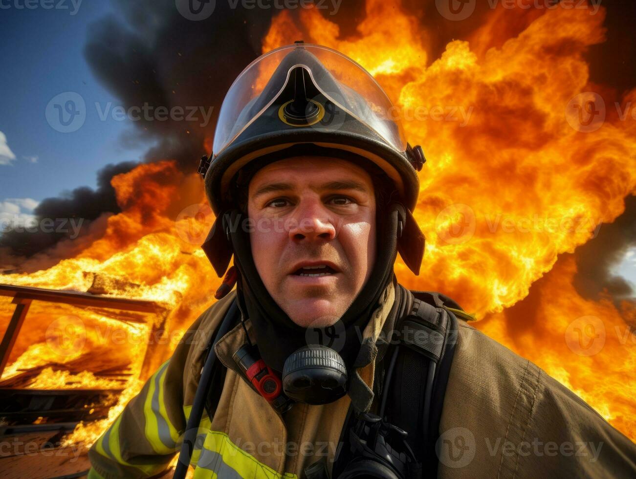 Courageous male firefighter fearlessly confronts the blazing inferno AI Generative photo