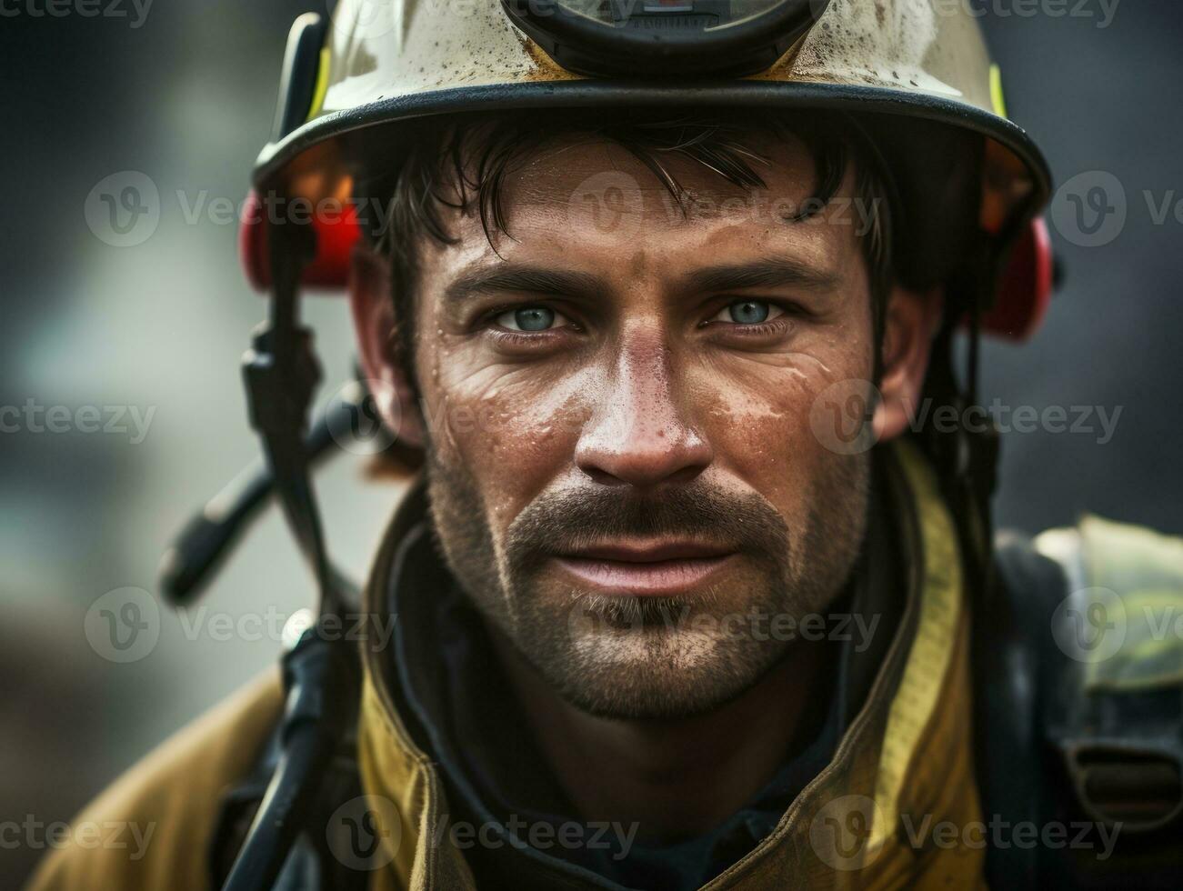 Courageous male firefighter fearlessly confronts the blazing inferno AI Generative photo