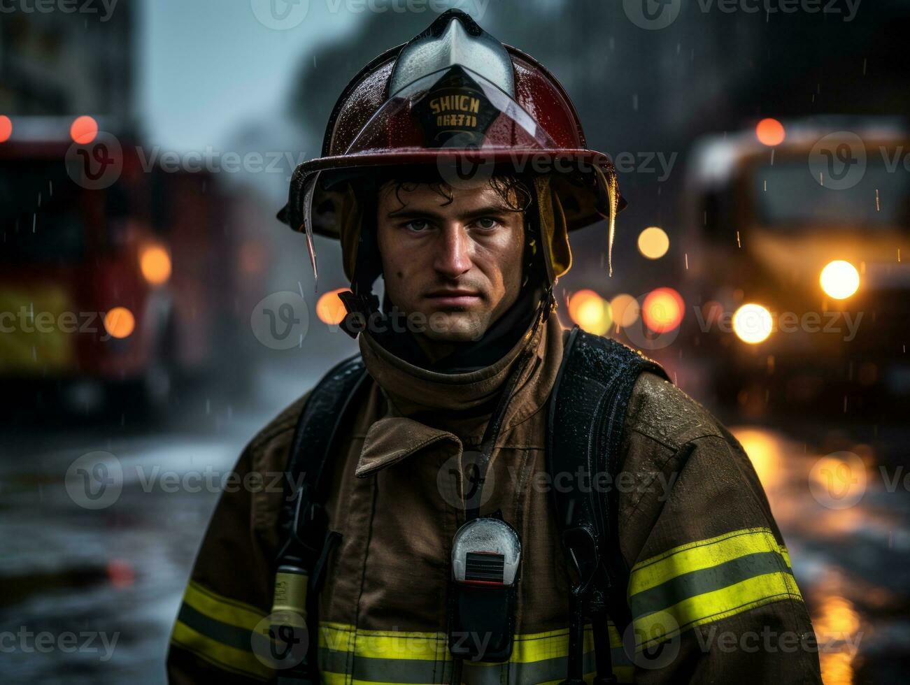 valiente masculino bombero sin miedo confronta el flameante infierno ai generativo foto