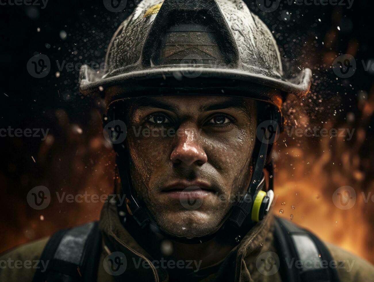 Courageous male firefighter fearlessly confronts the blazing inferno AI Generative photo