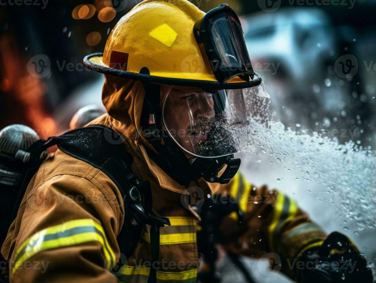 Courageous male firefighter fearlessly confronts the blazing inferno AI Generative photo