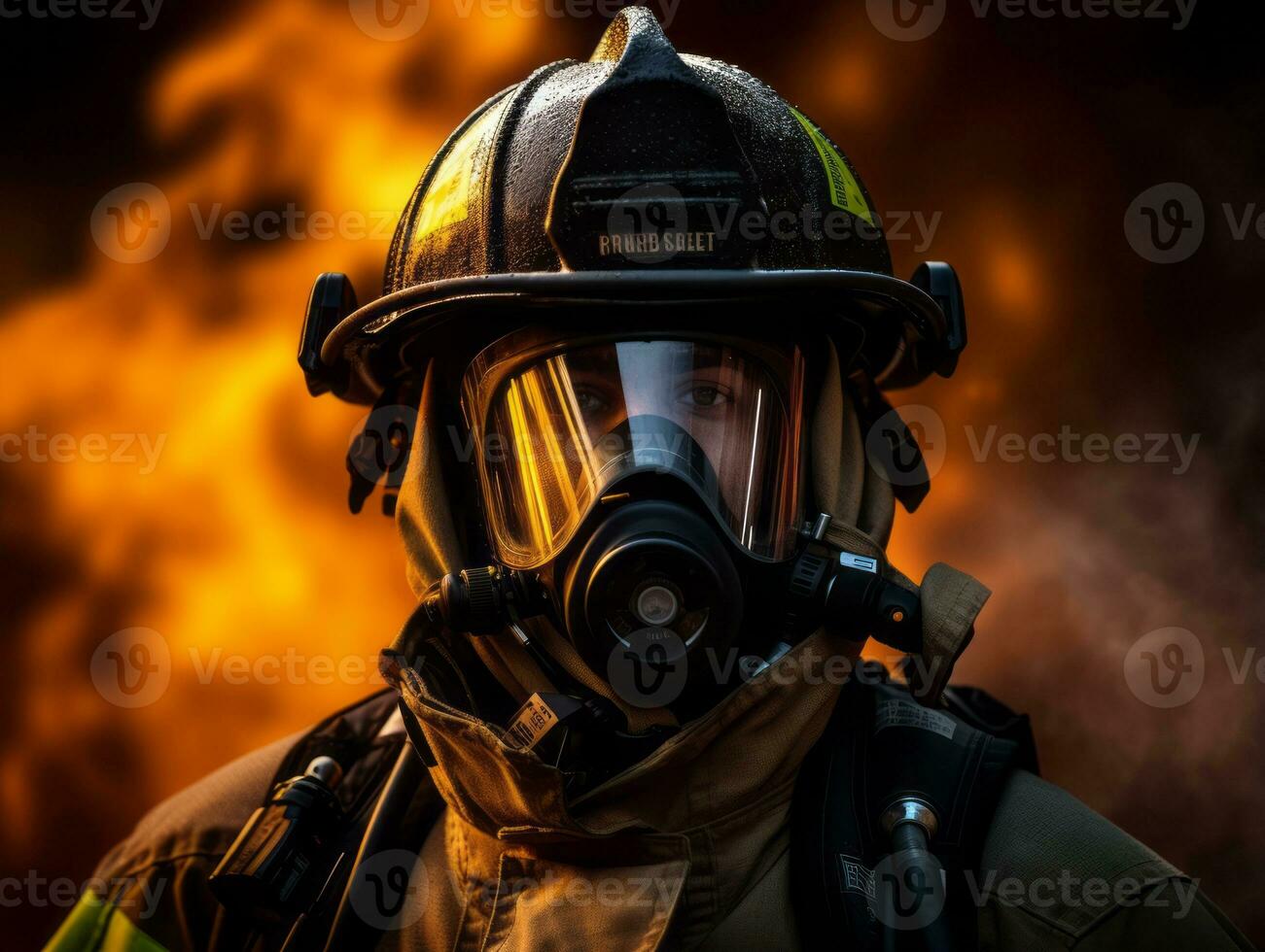 Courageous male firefighter fearlessly confronts the blazing inferno AI Generative photo