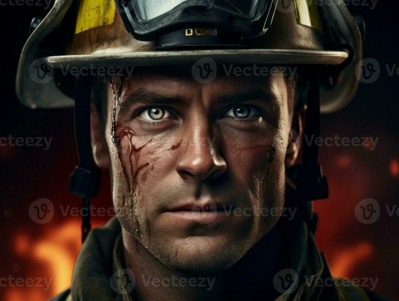 Courageous male firefighter fearlessly confronts the blazing inferno AI Generative photo