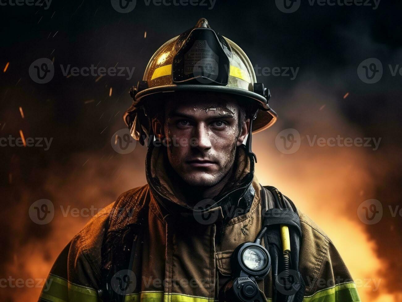 Courageous male firefighter fearlessly confronts the blazing inferno AI Generative photo
