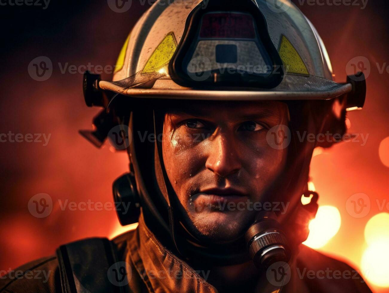 Courageous male firefighter fearlessly confronts the blazing inferno AI Generative photo