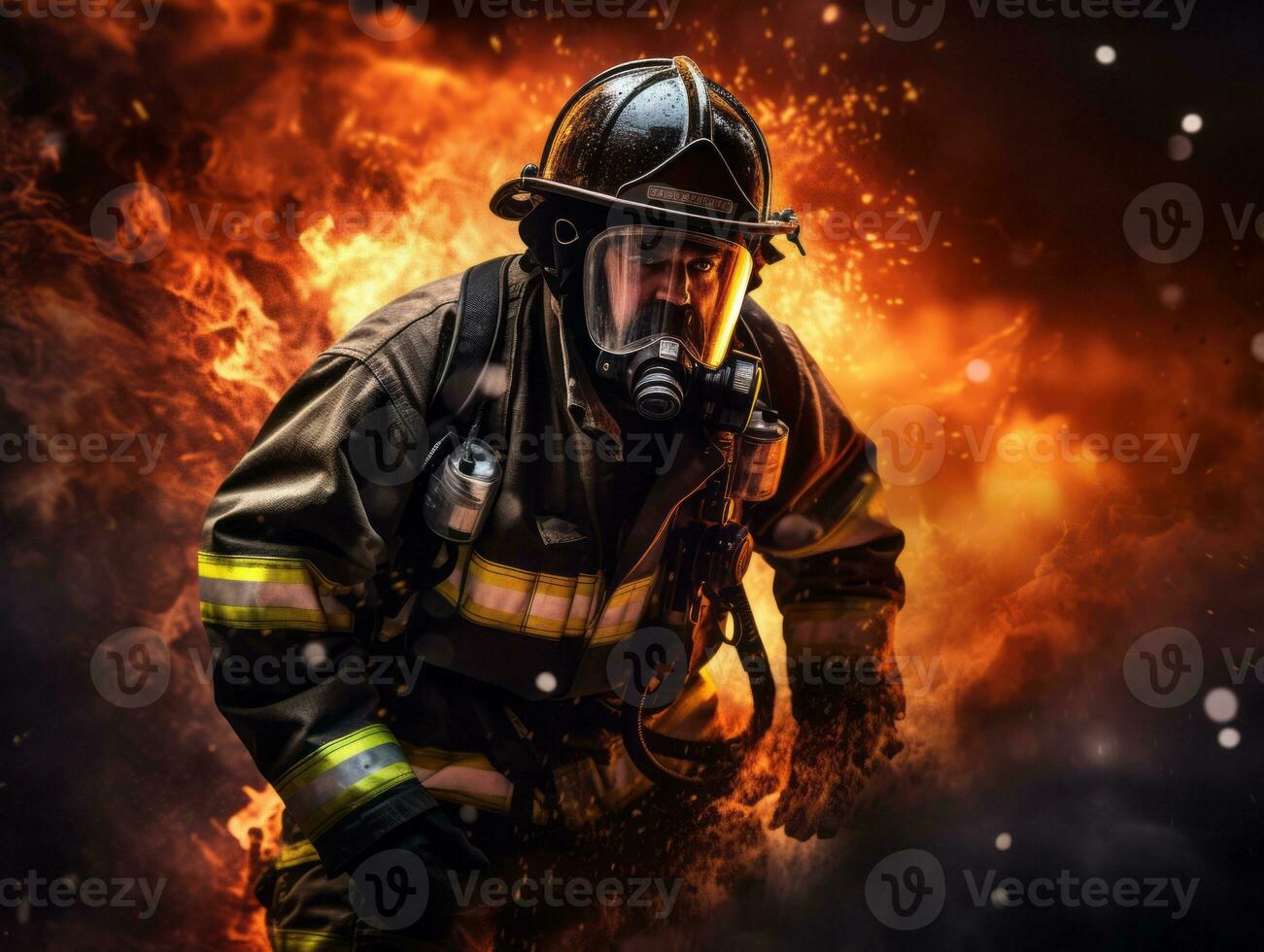 Courageous male firefighter fearlessly confronts the blazing inferno AI Generative photo