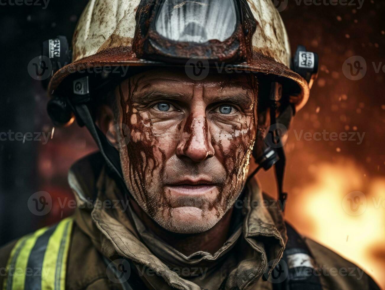 Courageous male firefighter fearlessly confronts the blazing inferno AI Generative photo