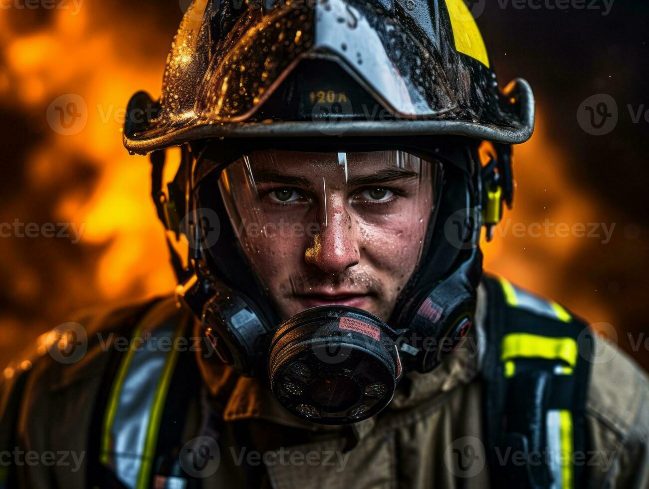 Courageous male firefighter fearlessly confronts the blazing inferno AI Generative photo