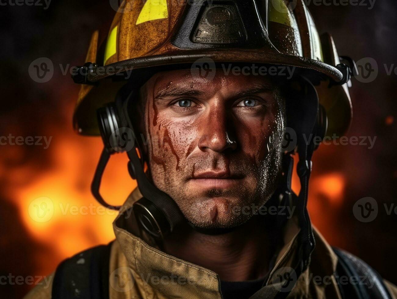 Courageous male firefighter fearlessly confronts the blazing inferno AI Generative photo